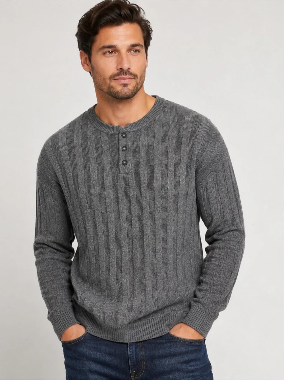 Studio Bill Blass Men’s XL Charcoal Gray Textured Knit Henley Sweater 60% Cotton